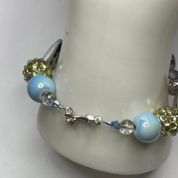 bracelet chunky beaded silver tone with turquoise blue toggle clasp artisan poss - Picture 4 of 16